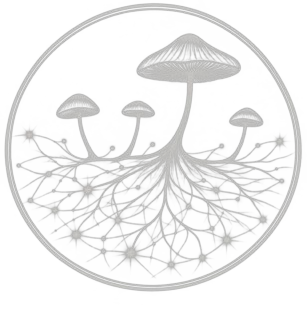 Line illustration of mushrooms with a mycelial network beneath