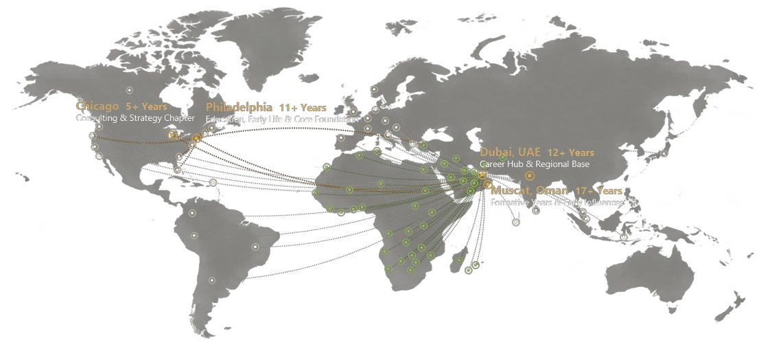 World map showing life anchors in Chicago, Philadelphia, Dubai and Muscat with impact markets across Africa, the Middle East and beyond